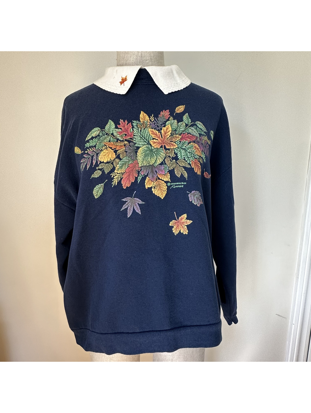 Vintage Morning Sun Autumn Leaf Embroidered Sweatshirt Collar Petite Medium